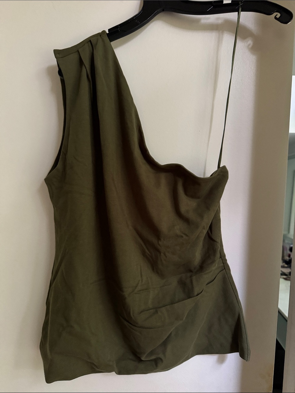 Ann Taylor Ruched One Shoulder Top in Moss Green